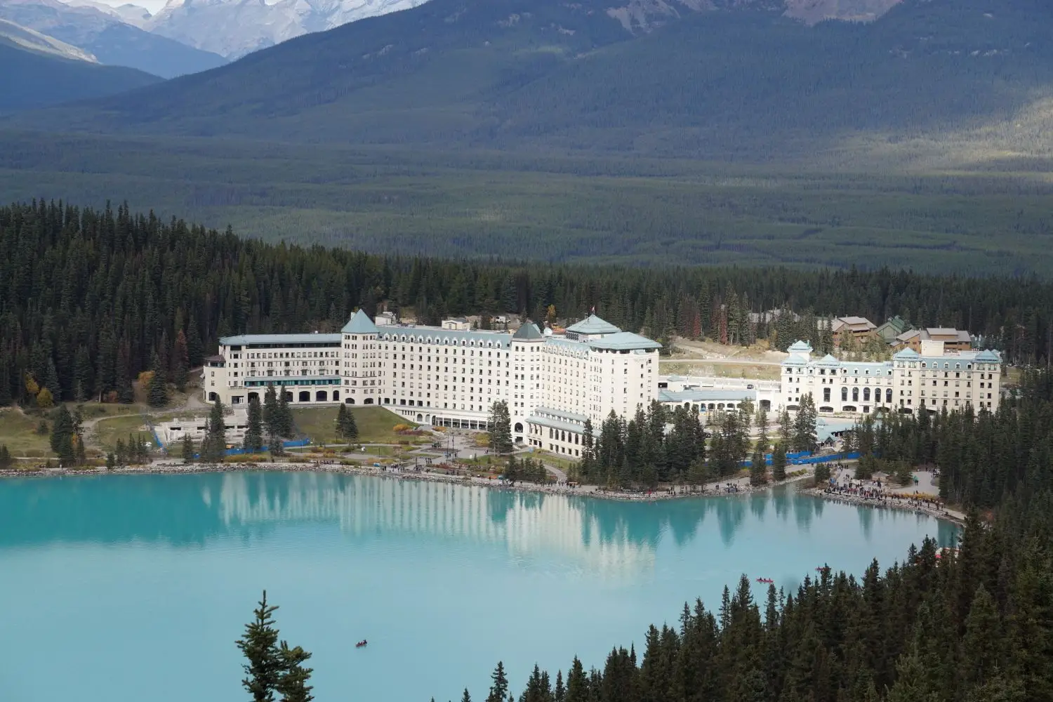 Mountain lake resort viewed from across the water