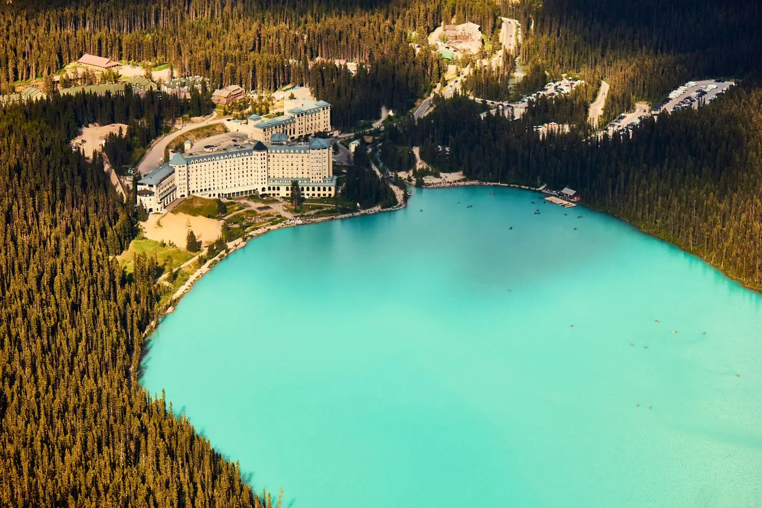 Mountain lake resort seen from above