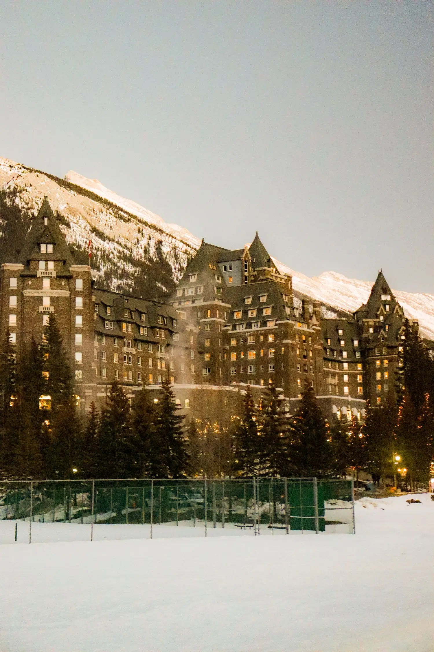 Canadian Rockies resort with mountain backdrop